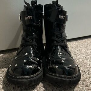 DKNY Kids Shiny Black Boots with Silver Accents